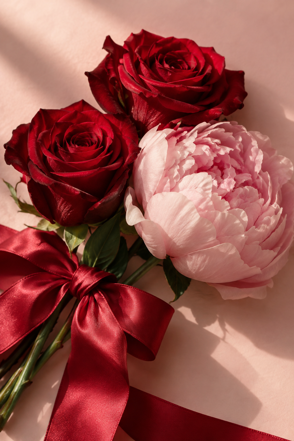 Rote Rosen und eine rosa Blüte mit einer roten Schleife.